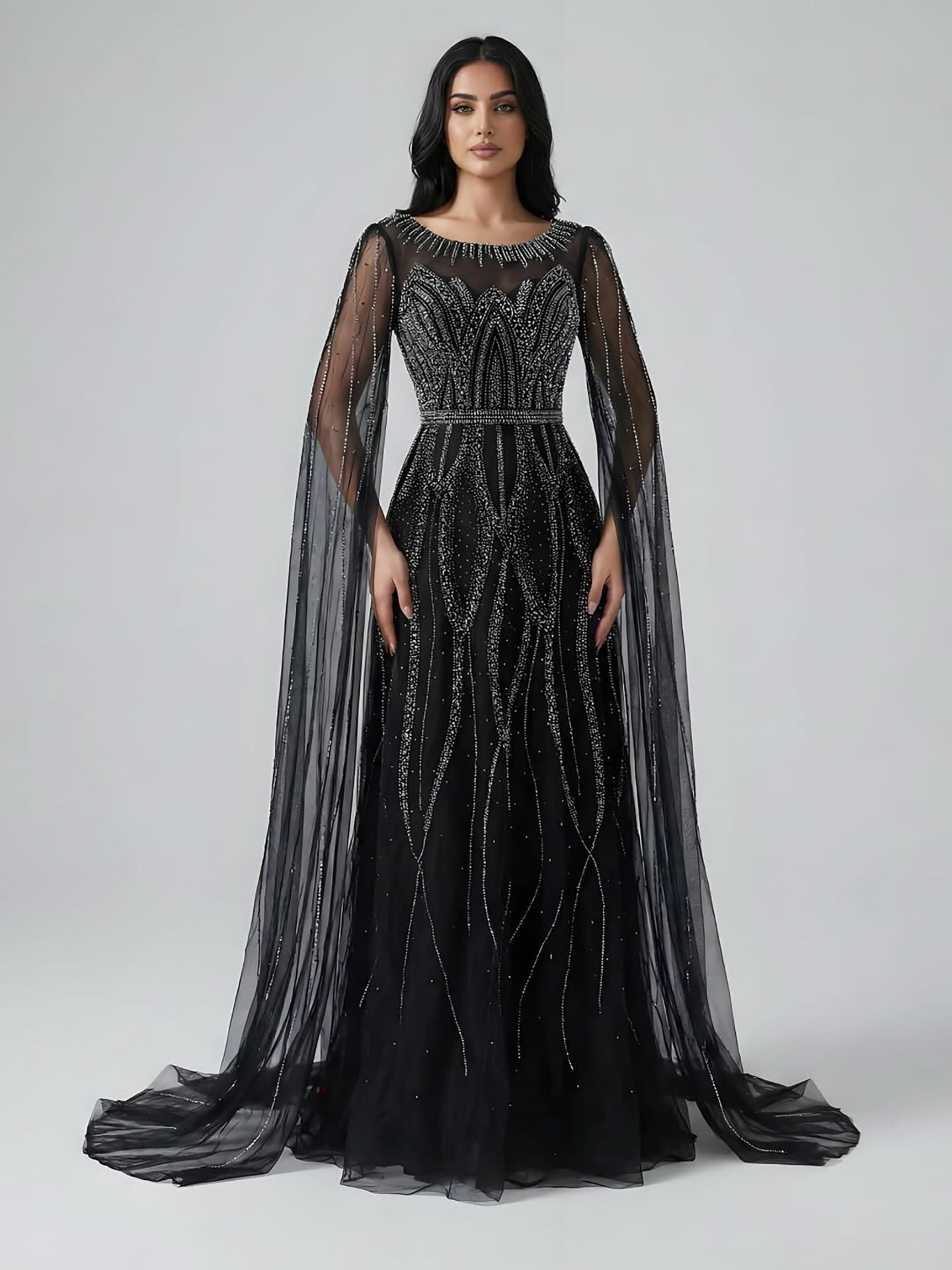 Luxury Black A-Line Beaded Arabic Evening Dress with Cape Sleeves LA73517