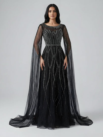 Luxury Black A-Line Beaded Arabic Evening Dress with Cape Sleeves LA73517