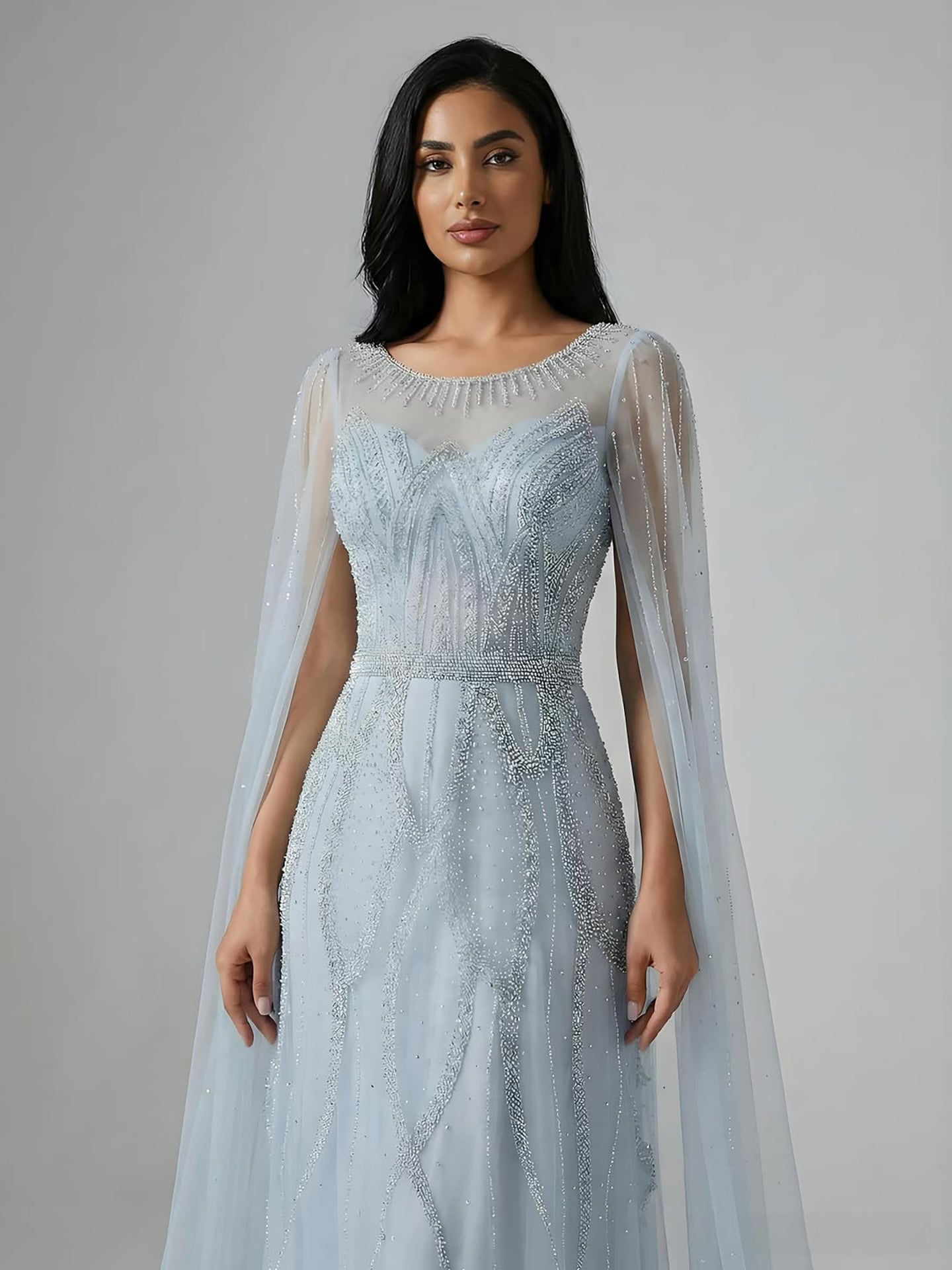 Luxury Black A-Line Beaded Arabic Evening Dress with Cape Sleeves LA73517