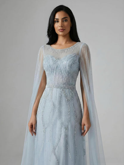 Luxury Black A-Line Beaded Arabic Evening Dress with Cape Sleeves LA73517