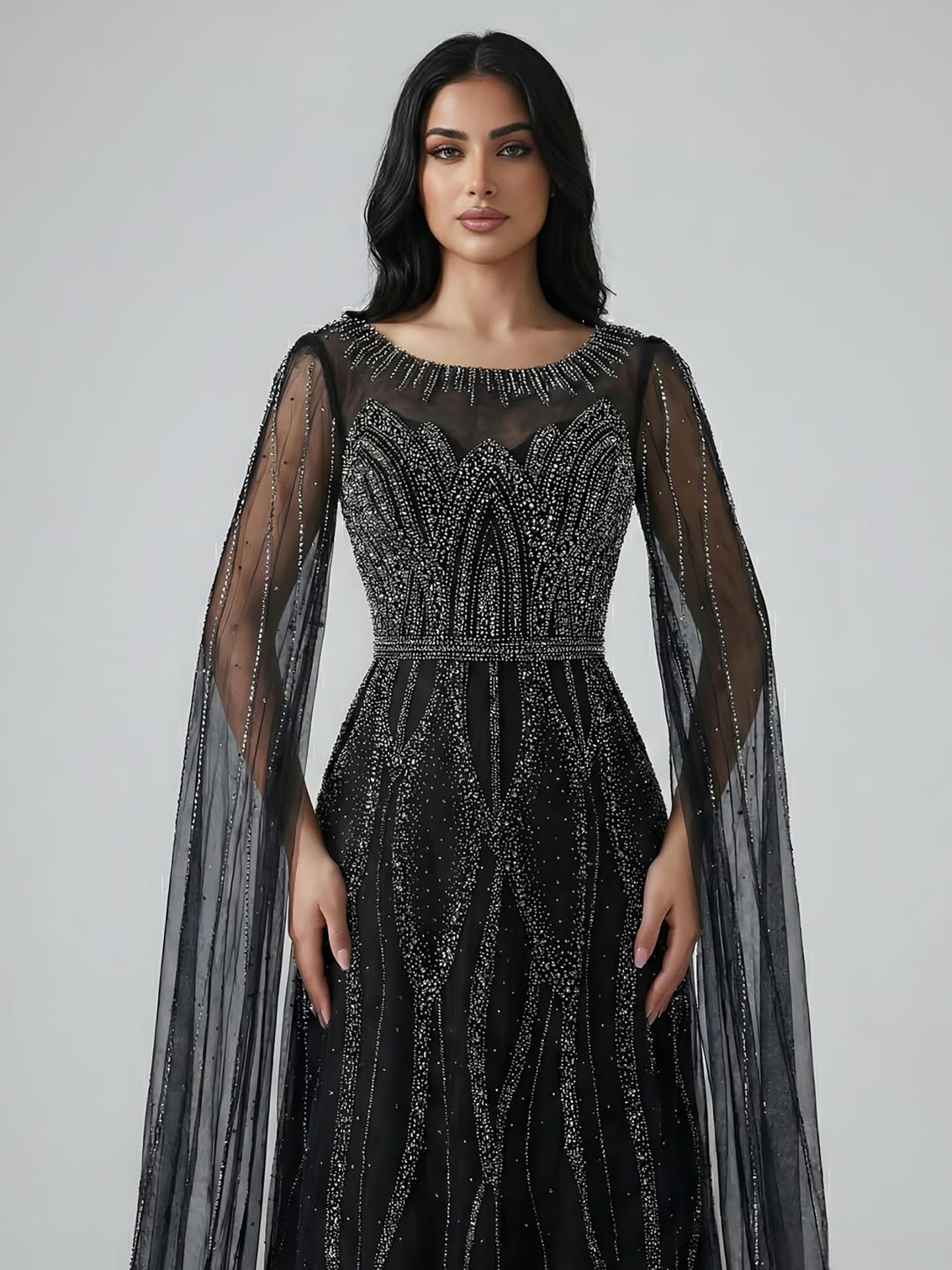 Luxury Black A-Line Beaded Arabic Evening Dress with Cape Sleeves LA73517