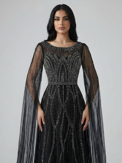 Luxury Black A-Line Beaded Arabic Evening Dress with Cape Sleeves LA73517