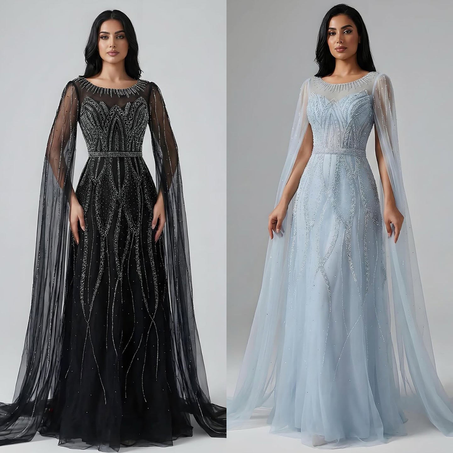 Luxury Black A-Line Beaded Arabic Evening Dress with Cape Sleeves LA73517