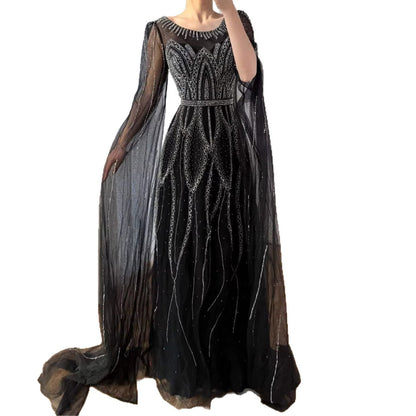 Luxury Black A-Line Beaded Arabic Evening Dress with Cape Sleeves LA73517