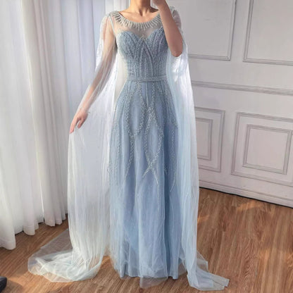 Luxury Black A-Line Beaded Arabic Evening Dress with Cape Sleeves LA73517