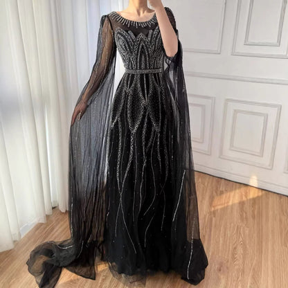 Luxury Black A-Line Beaded Arabic Evening Dress with Cape Sleeves LA73517