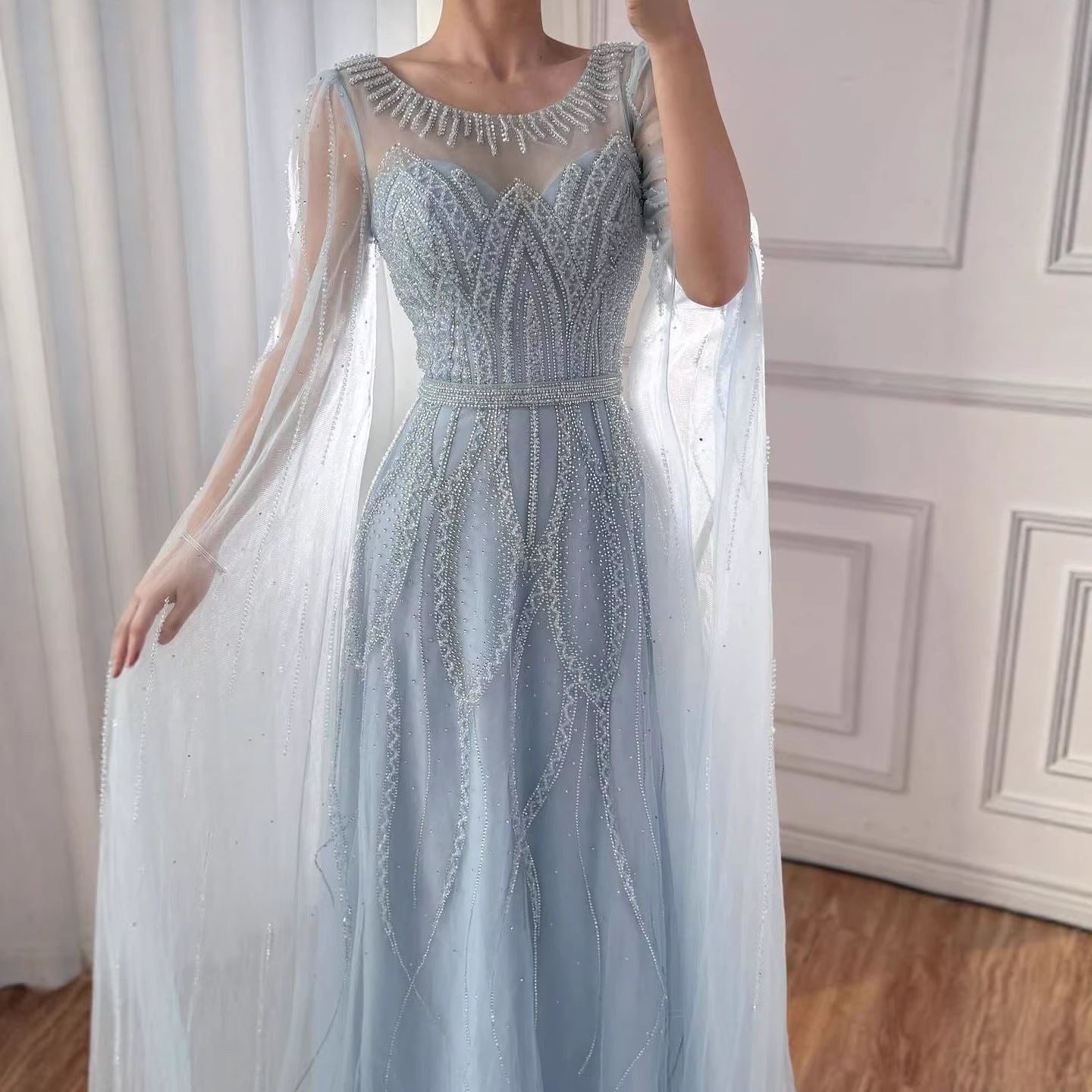 Luxury Black A-Line Beaded Arabic Evening Dress with Cape Sleeves LA73517