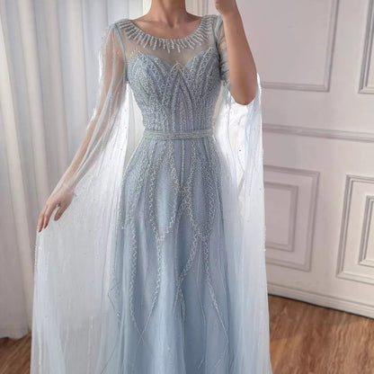 Luxury Black A-Line Beaded Arabic Evening Dress with Cape Sleeves LA73517