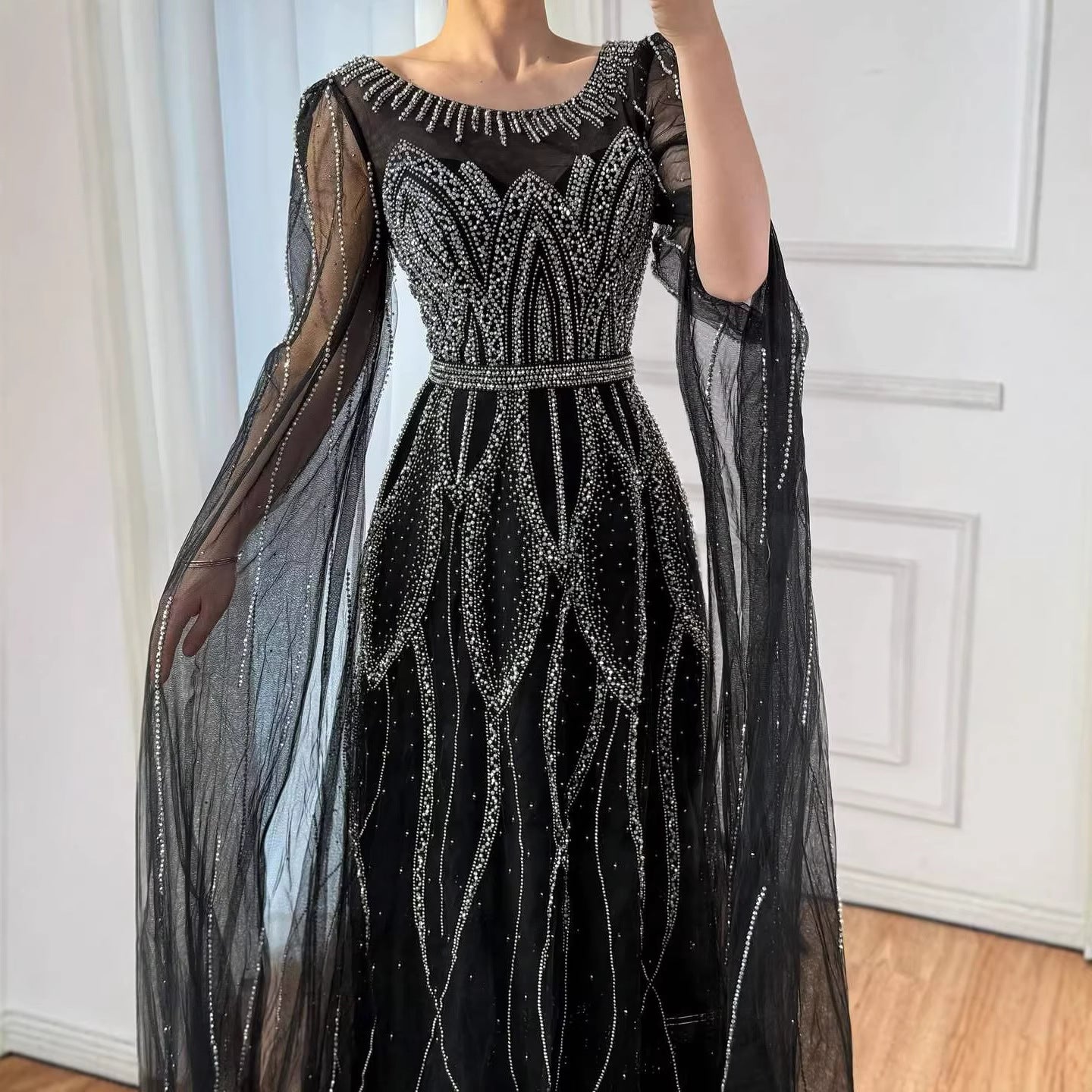 Luxury Black A-Line Beaded Arabic Evening Dress with Cape Sleeves LA73517