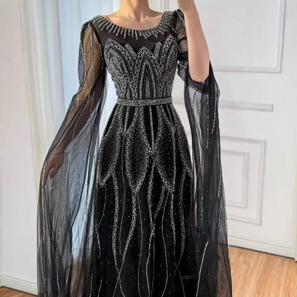 Luxury Black A-Line Beaded Arabic Evening Dress with Cape Sleeves LA73517