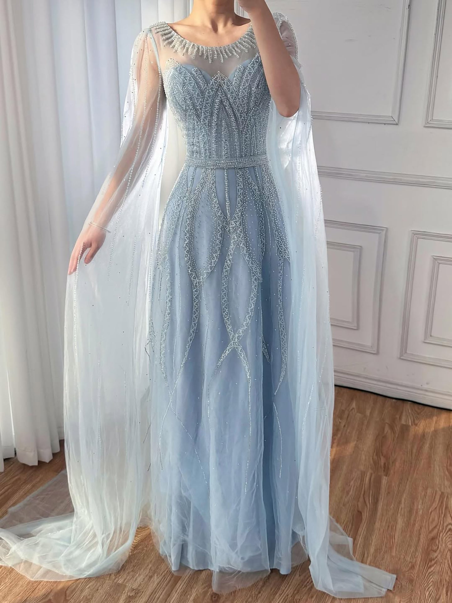 Luxury Black A-Line Beaded Arabic Evening Dress with Cape Sleeves LA73517