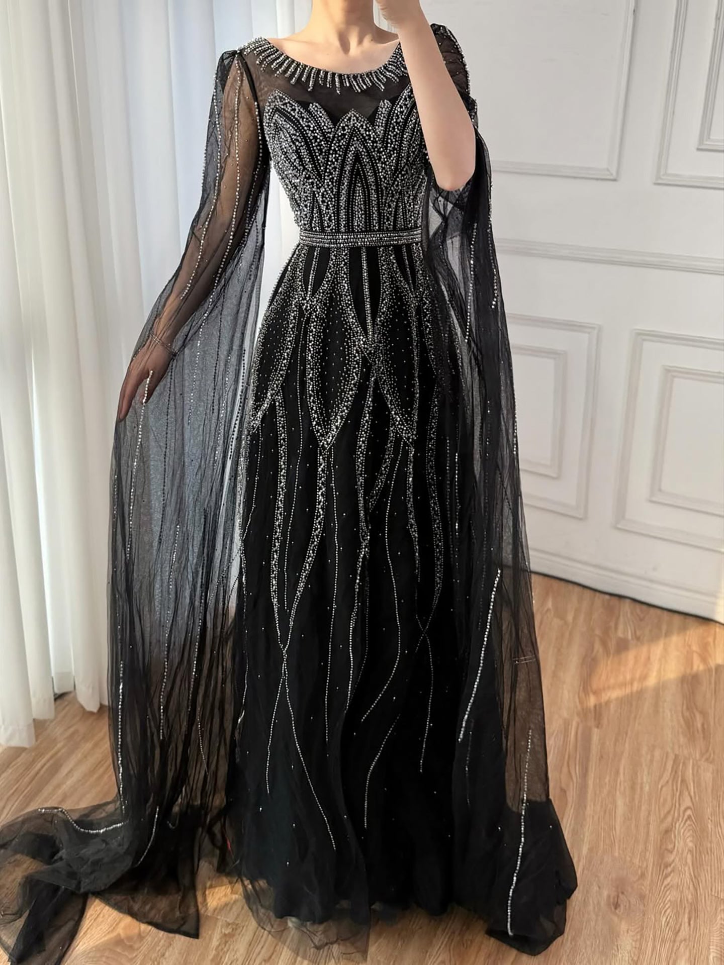 Luxury Black A-Line Beaded Arabic Evening Dress with Cape Sleeves LA73517