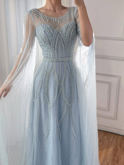 Luxury Black A-Line Beaded Arabic Evening Dress with Cape Sleeves LA73517