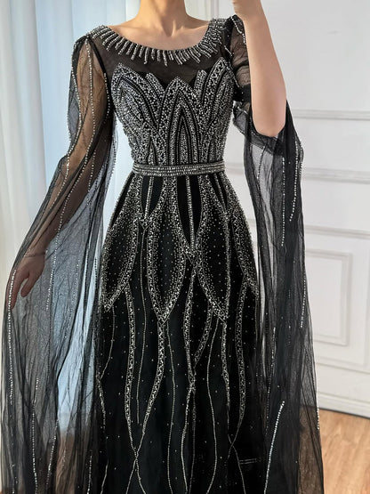 Luxury Black A-Line Beaded Arabic Evening Dress with Cape Sleeves LA73517