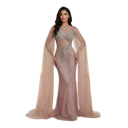 Luxury Pink Crystal Beaded Mermaid Evening Dress With Cape Sleeves LA73518