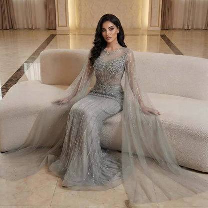 Luxury Pink Crystal Beaded Mermaid Evening Dress With Cape Sleeves LA73518