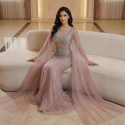 Luxury Pink Crystal Beaded Mermaid Evening Dress With Cape Sleeves LA73518