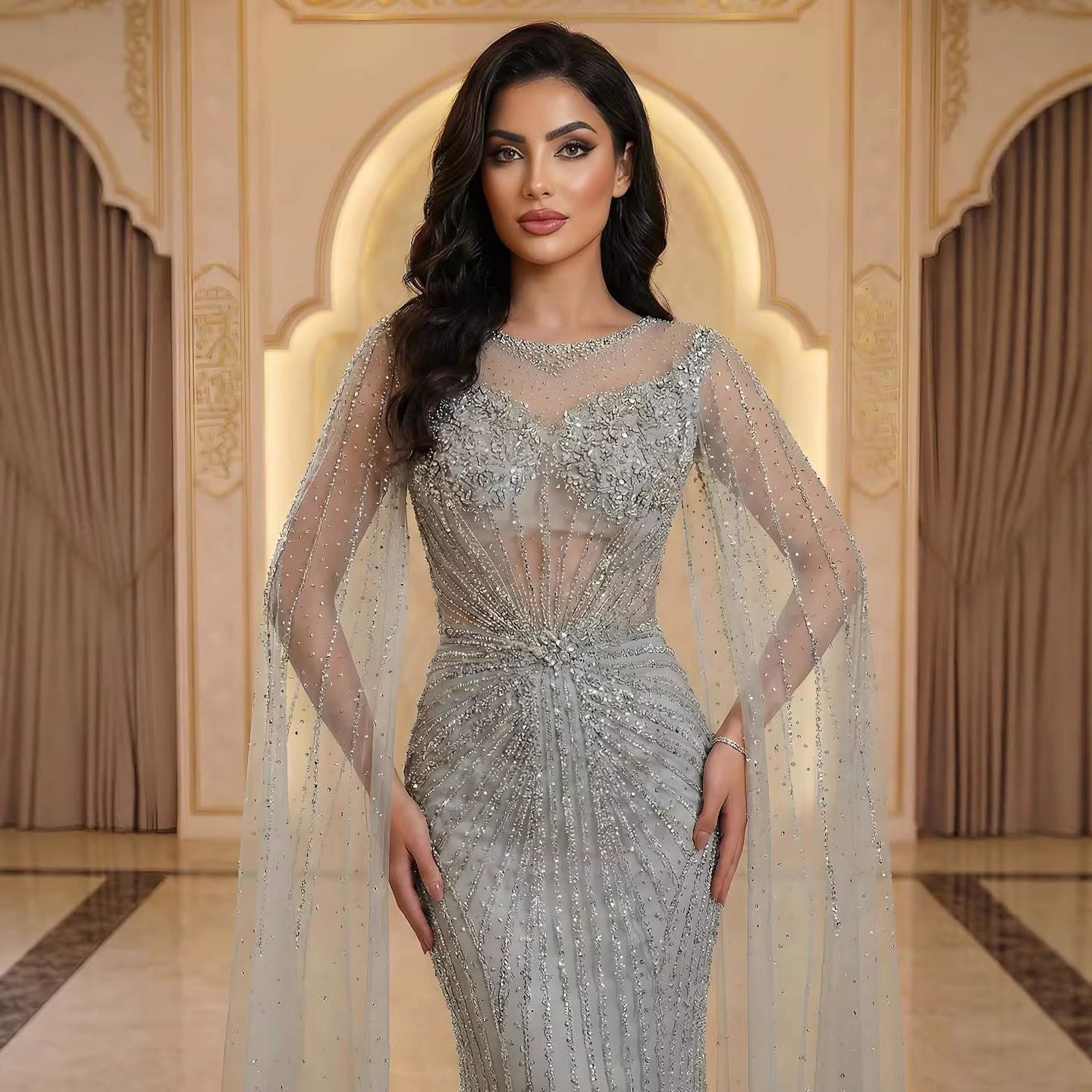 Luxury Pink Crystal Beaded Mermaid Evening Dress With Cape Sleeves LA73518