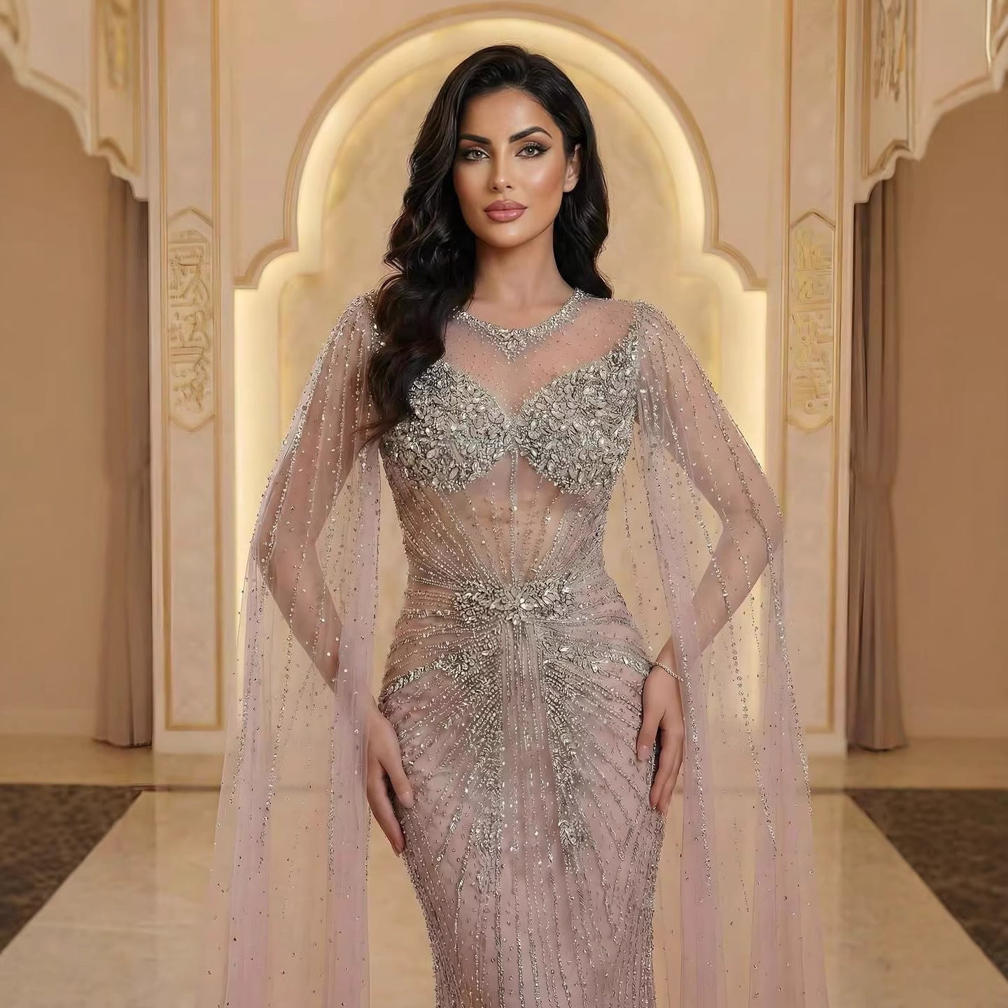 Luxury Pink Crystal Beaded Mermaid Evening Dress With Cape Sleeves LA73518