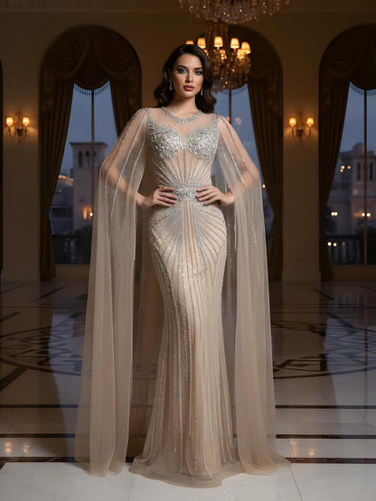 Luxury Pink Crystal Beaded Mermaid Evening Dress With Cape Sleeves LA73518