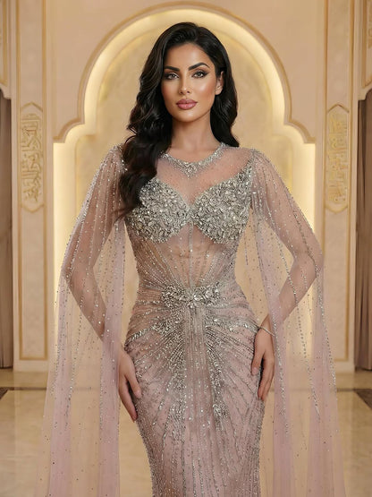 Luxury Pink Crystal Beaded Mermaid Evening Dress With Cape Sleeves LA73518