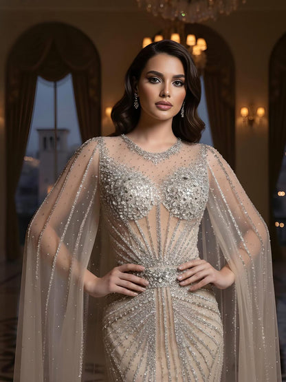 Luxury Pink Crystal Beaded Mermaid Evening Dress With Cape Sleeves LA73518