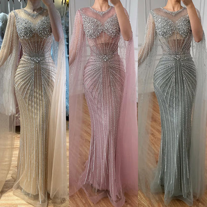 Luxury Pink Crystal Beaded Mermaid Evening Dress With Cape Sleeves LA73518