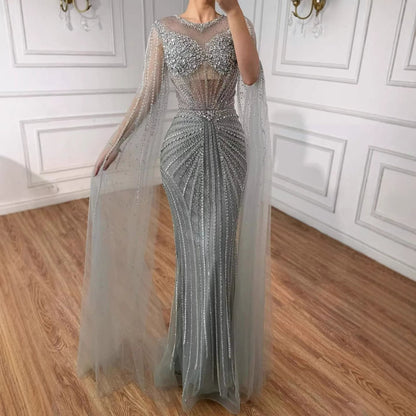 Luxury Pink Crystal Beaded Mermaid Evening Dress With Cape Sleeves LA73518