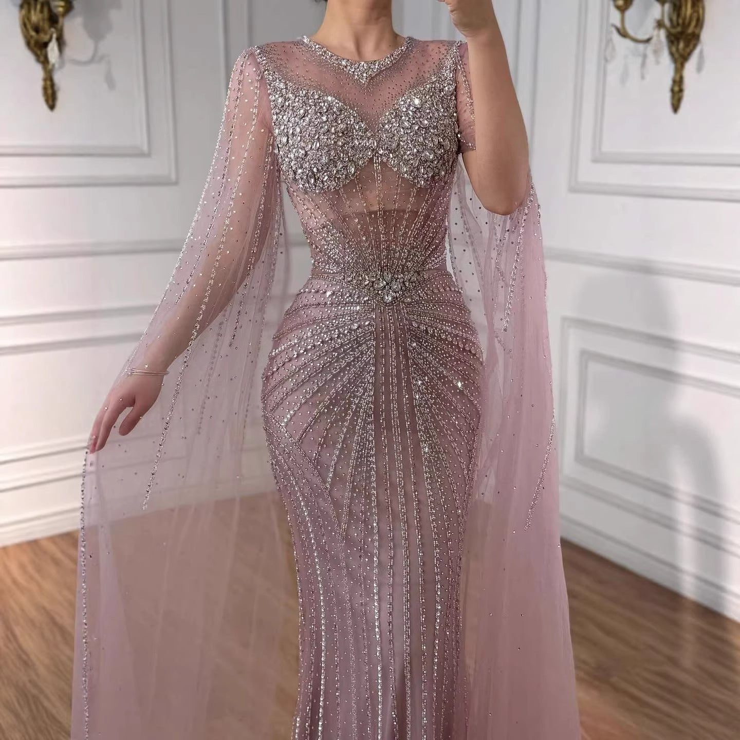 Luxury Pink Crystal Beaded Mermaid Evening Dress With Cape Sleeves LA73518