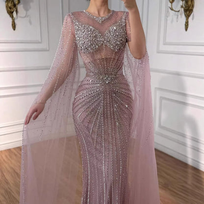 Luxury Pink Crystal Beaded Mermaid Evening Dress With Cape Sleeves LA73518