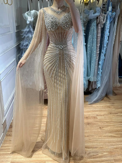 Luxury Pink Crystal Beaded Mermaid Evening Dress With Cape Sleeves LA73518