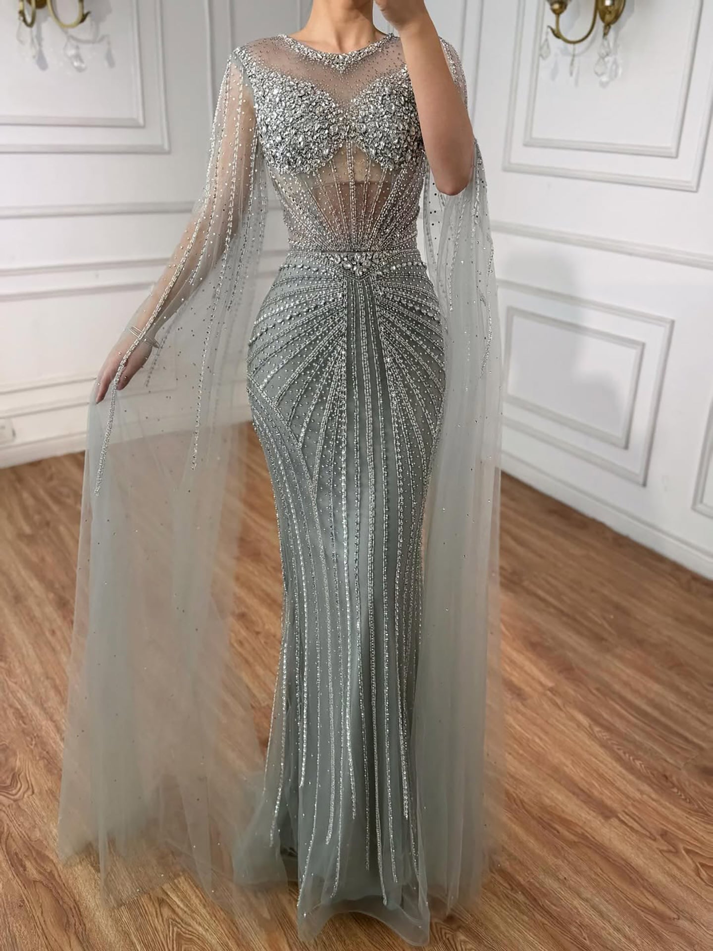 Luxury Pink Crystal Beaded Mermaid Evening Dress With Cape Sleeves LA73518