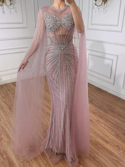 Luxury Pink Crystal Beaded Mermaid Evening Dress With Cape Sleeves LA73518