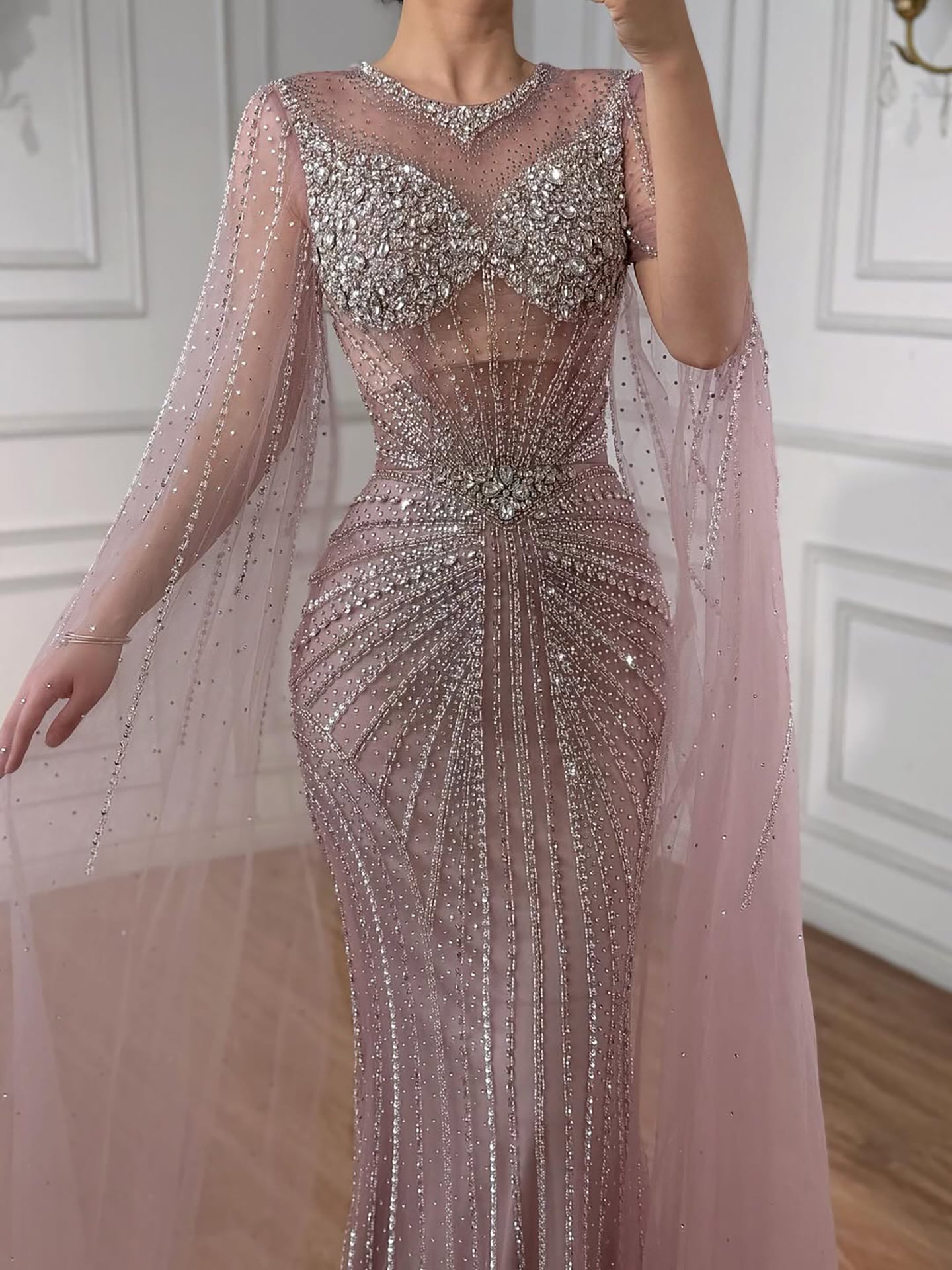 Luxury Pink Crystal Beaded Mermaid Evening Dress With Cape Sleeves LA73518