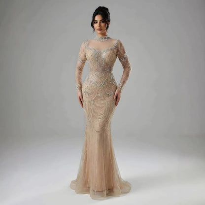 Luxury Nude Modest High Neck Long Sleeves Beaded Mermaid Evening Dress LA73519
