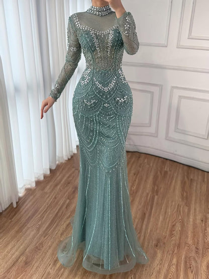 Luxury Nude Modest High Neck Long Sleeves Beaded Mermaid Evening Dress LA73519
