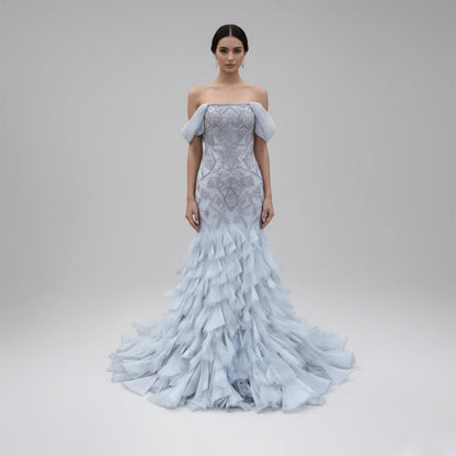 Luxury Dusty Blue Off The Shoulder Beaded Mermaid Evening Dress LA73521