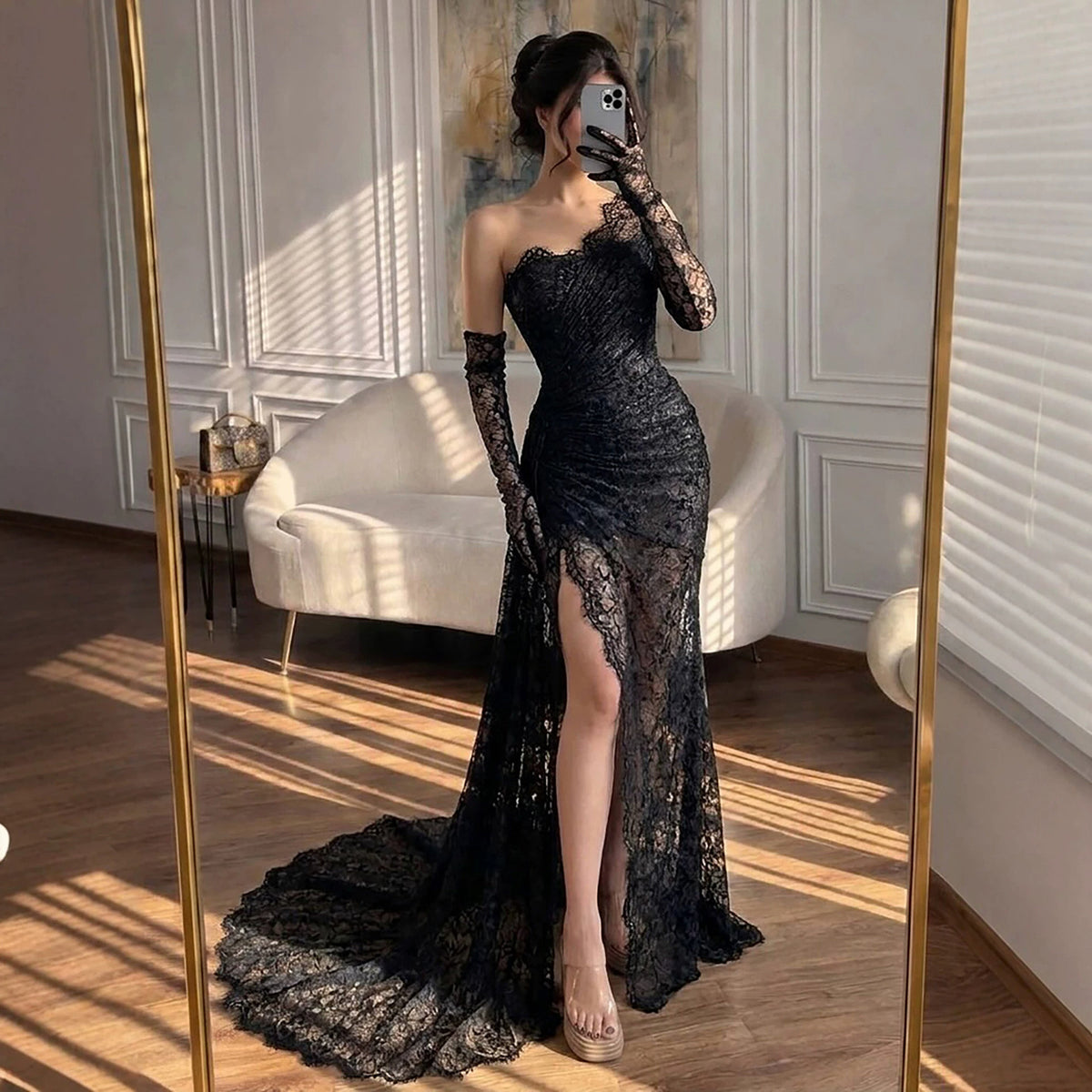 Luxury Black Long Sleeve Illusion Cut Out Lace Mermaid Evening Dress LA73522
