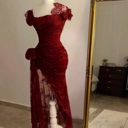 Luxury Wine Red Illusion Cut Out Lace Mermaid Slit Evening Dress LA73522A
