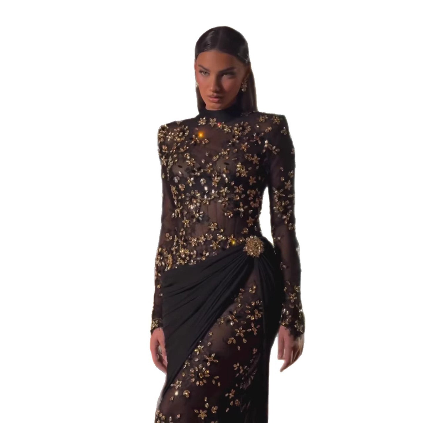 Luxury Arabic Black Modest Long Sleeves Beaded Evening Dress With Chiffon Skirt LA73524