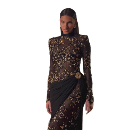 Luxury Arabic Black Modest Long Sleeves Beaded Evening Dress With Chiffon Skirt LA73524