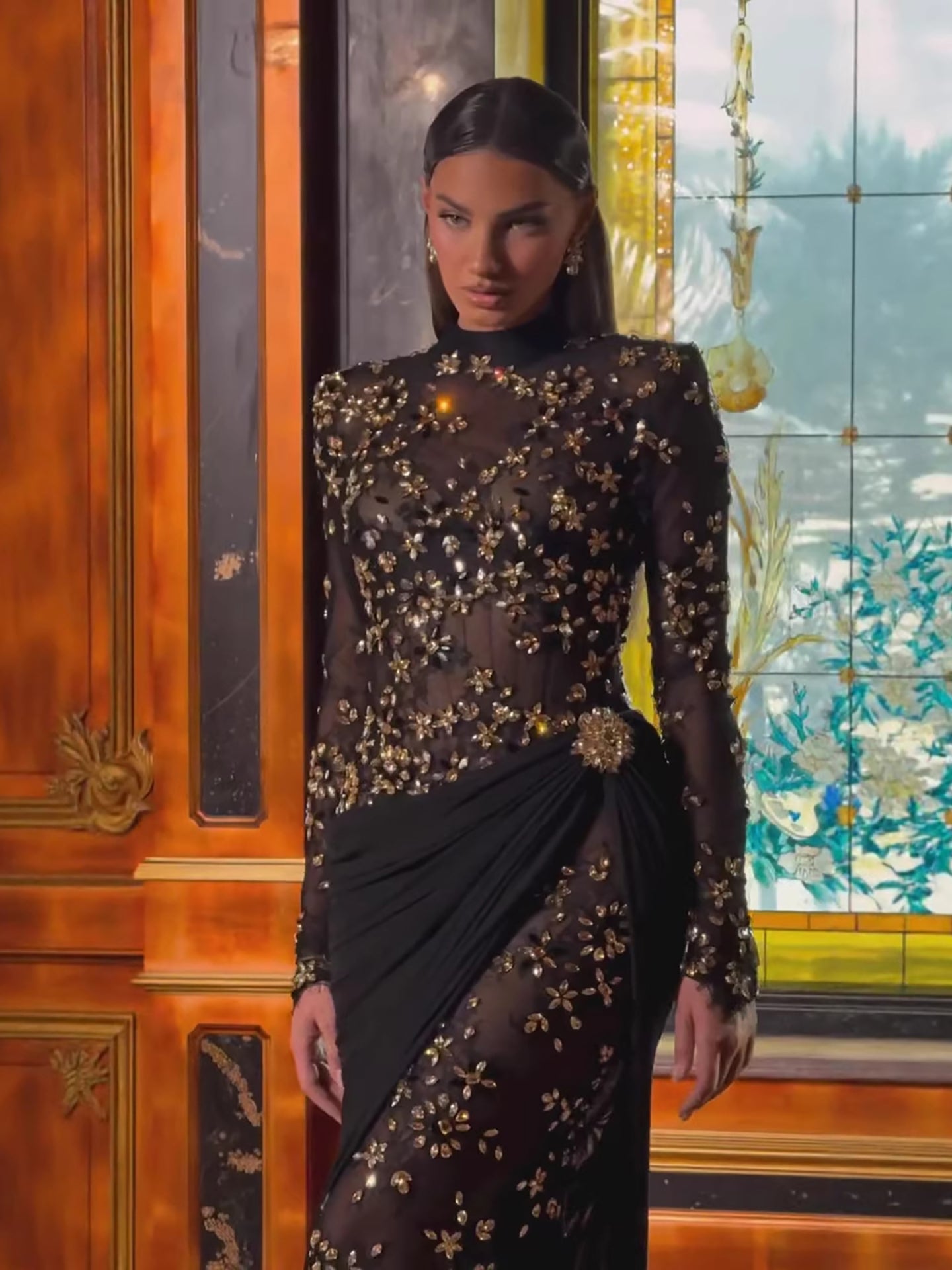 Luxury Arabic Black Modest Long Sleeves Beaded Evening Dress With Chiffon Skirt LA73524