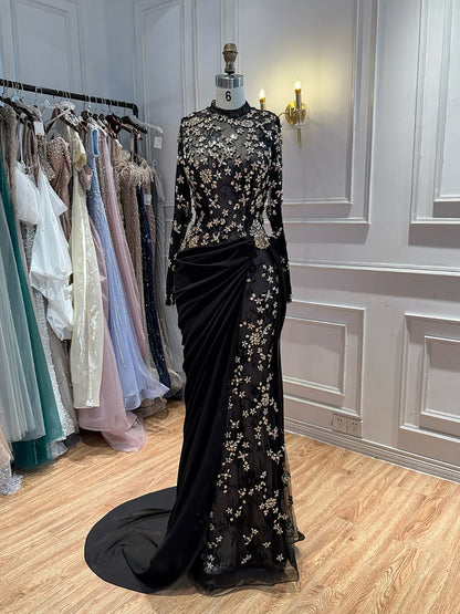 Luxury Arabic Black Modest Long Sleeves Beaded Evening Dress With Chiffon Skirt LA73524