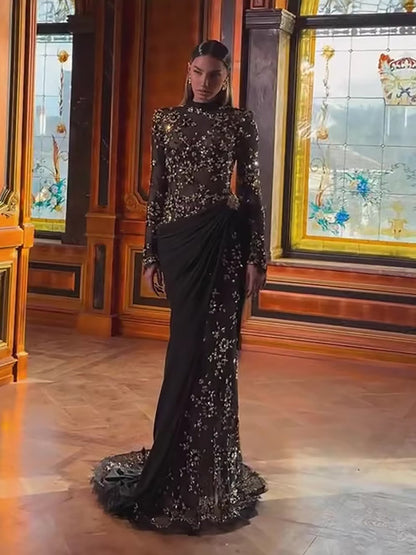 Luxury Arabic Black Modest Long Sleeves Beaded Evening Dress With Chiffon Skirt LA73524