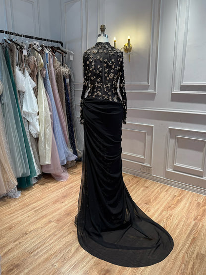Luxury Arabic Black Modest Long Sleeves Beaded Evening Dress With Chiffon Skirt LA73524