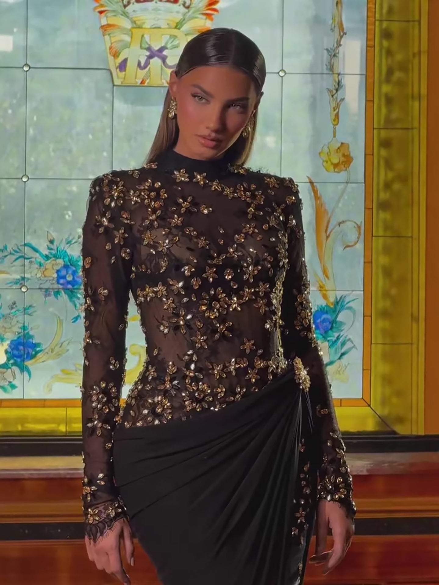 Luxury Arabic Black Modest Long Sleeves Beaded Evening Dress With Chiffon Skirt LA73524