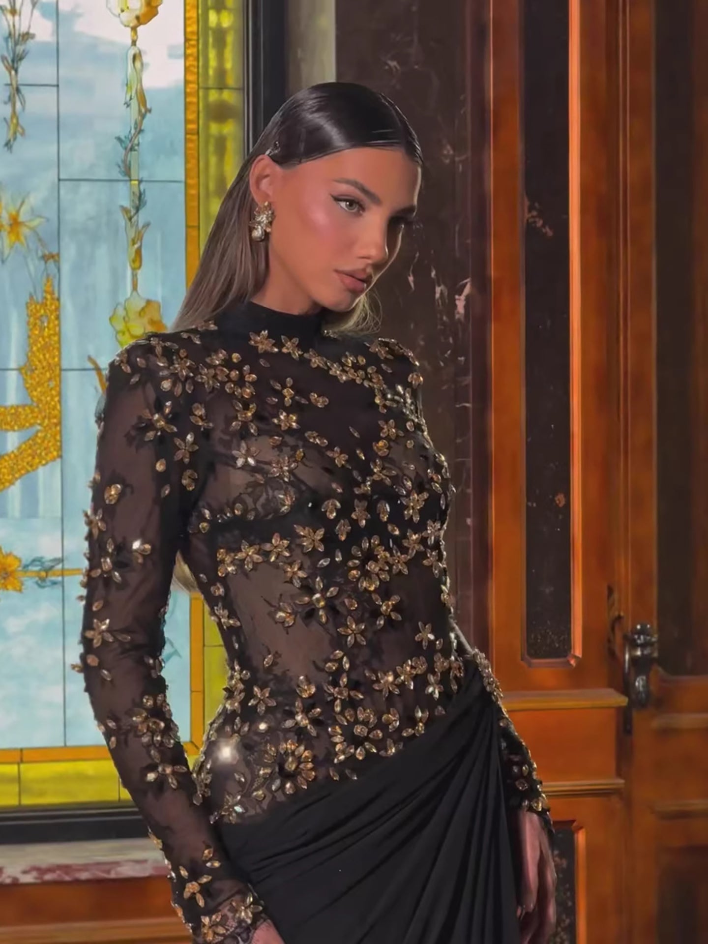 Luxury Arabic Black Modest Long Sleeves Beaded Evening Dress With Chiffon Skirt LA73524