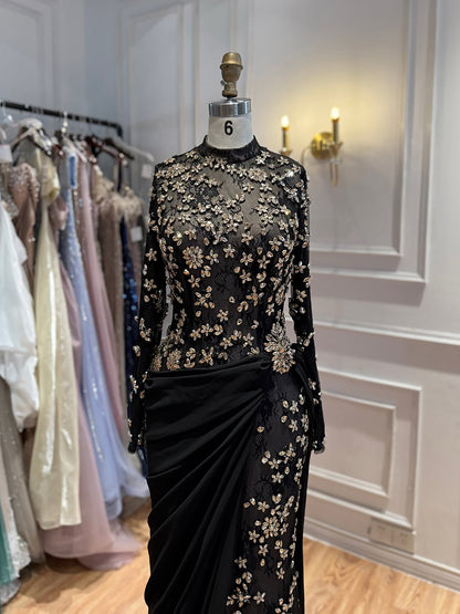 Luxury Arabic Black Modest Long Sleeves Beaded Evening Dress With Chiffon Skirt LA73524