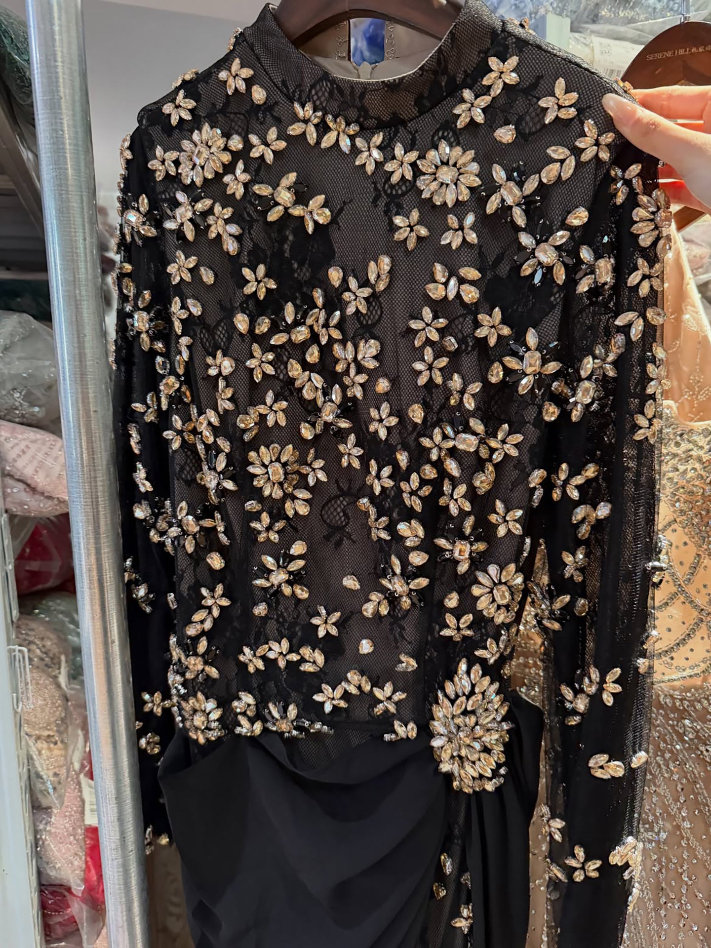 Luxury Arabic Black Modest Long Sleeves Beaded Evening Dress With Chiffon Skirt LA73524