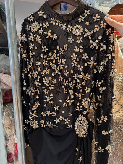 Luxury Arabic Black Modest Long Sleeves Beaded Evening Dress With Chiffon Skirt LA73524
